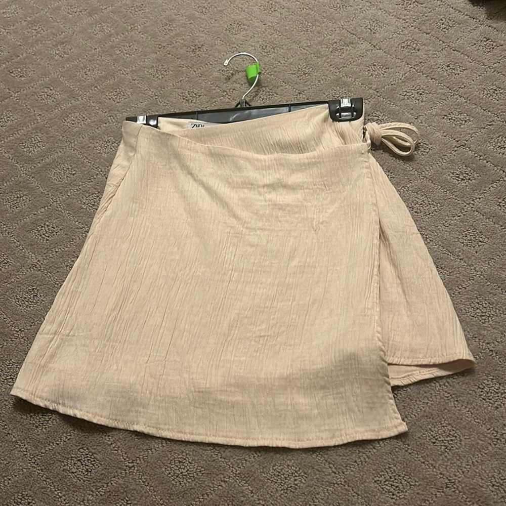 Zara cotton linen khaki wrap mini skirt